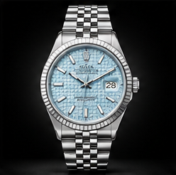 Steel Rolex, ice-blue dial